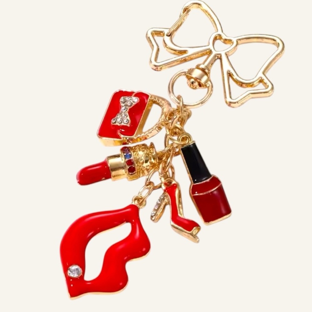 Red & Gold Bow Charm Keychain - Purse, Lipstick, Heels, Lips & Polish New - Picture 2 of 5